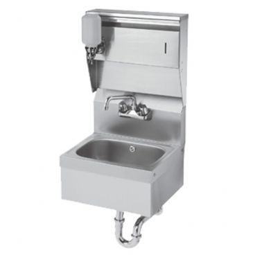 Krowne HS-8 Wall Mount 16" Wide Stainless Steel Hand Sink With Soap And Towel Dispenser And Stainless Steel Skirt And Overflow And P-Trap, 4" OC Splash Mount Low-Lead Faucet And 6" Deep Bowl