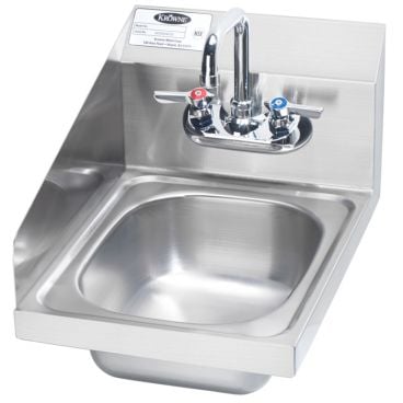 Krowne HS-9-LS Wall Mount 12" Wide Space Saver Stainless Steel Hand Sink With Side Splash On Left, 4" OC Splash Mount Low-Lead Faucet And 6" Deep Bowl
