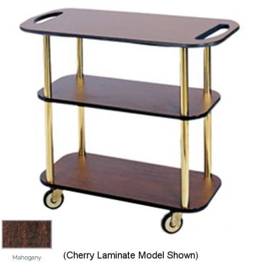 Lakeside 36104 Mahogany Laminate 3 Open Shelf 16" Wide x 42 1/2" Long x 35 1/4" High Rectangular Shaped Top Service Cart With Handle Hole Cutouts And 1 1/2" Steel Tube Legs And 4" Swivel Casters
