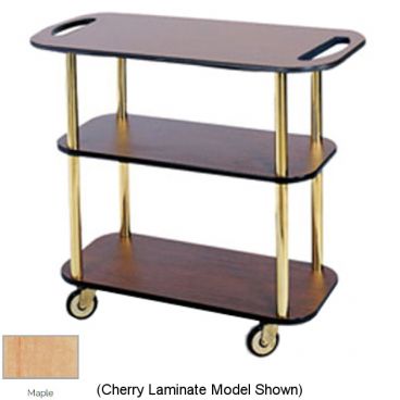 Lakeside 36104 Maple Laminate 3 Open Shelf 16" Wide x 42 1/2" Long x 35 1/4" High Rectangular Shaped Top Service Cart With Handle Hole Cutouts And 1 1/2" Steel Tube Legs And 4" Swivel Casters