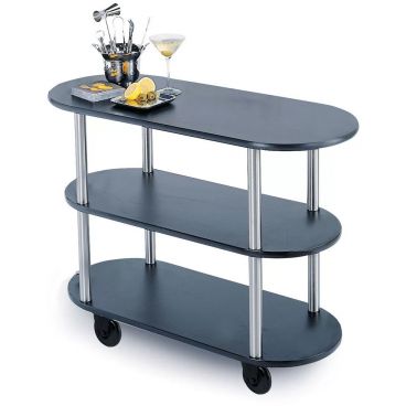 Lakeside 36200 Black Laminate 3 Open Shelf 16" Wide x 42 1/2" Long x 35 1/4" High Oval Shaped Top Service Cart With 1 1/2" Steel Tube Legs And 4" Swivel Casters