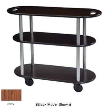 Lakeside 36204 Cherry Laminate 3-Shelf 16" Wide x 39" Long x 35" High Oval Shaped Top Service Cart With Handle Hole Cut-Outs On Top Shelf And 4" Swivel Casters