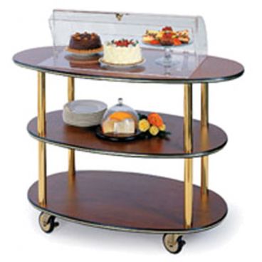 Lakeside 36303 Cherry Laminate 3-Shelf 23" Wide x 44" Long x 44 1/4" High Rounded Oval Shaped Top Acrylic Pivot-Style Dome Display Dessert Cart With 4" Swivel Casters