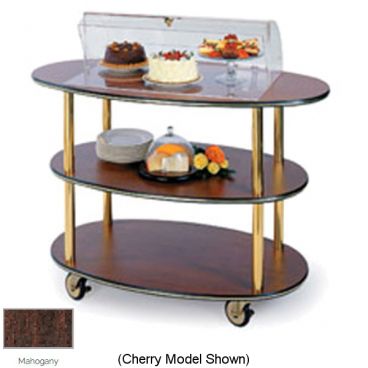 Lakeside 36303 Mahogany Laminate 3-Shelf 23" Wide x 44" Long x 44 1/4" High Rounded Oval Shaped Top Acrylic Pivot-Style Dome Display Dessert Cart With 4" Swivel Casters