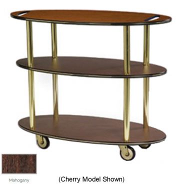 Lakeside 36304 Mahogany Laminate 3-Shelf 23" Wide x 44" Long x 35 1/4" High Oval Shaped Top Service Cart With Handle Hole Cut-Outs On Top Shelf And 4" Swivel Casters