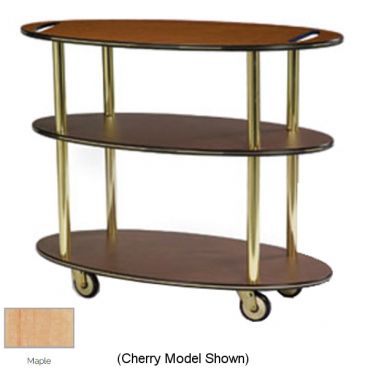 Lakeside 36304 Maple Laminate 3-Shelf 23" Wide x 44" Long x 35 1/4" High Oval Shaped Top Service Cart With Handle Hole Cut-Outs On Top Shelf And 4" Swivel Casters