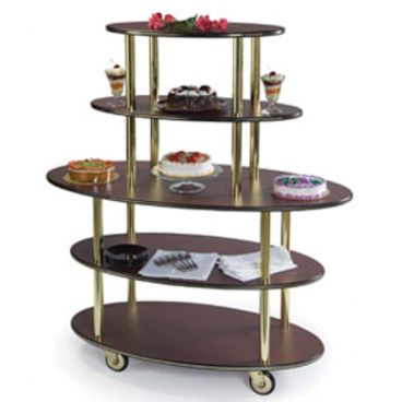 Lakeside 37212 Cherry Laminate 5-Shelf 24" Wide x 50" Long x 57" High Rounded Oval Shaped Top Display Dessert Cart With 5" Swivel Casters