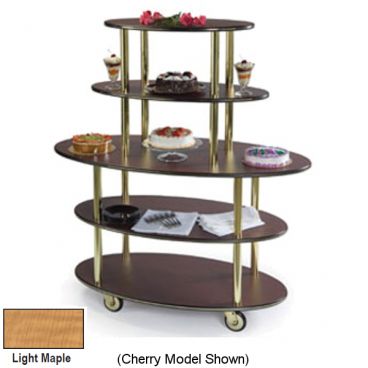 Lakeside 36303 Maple Laminate 3-Shelf 23" Wide x 44" Long x 44 1/4" High Rounded Oval Shaped Top Acrylic Pivot-Style Dome Display Dessert Cart With 4" Swivel Casters