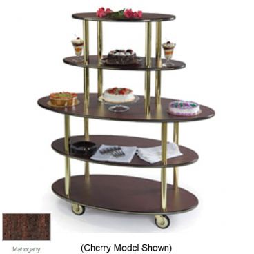 Lakeside 37212 Mahogany Laminate 5-Shelf 24" Wide x 50" Long x 57" High Rounded Oval Shaped Top Display Dessert Cart With 5" Swivel Casters