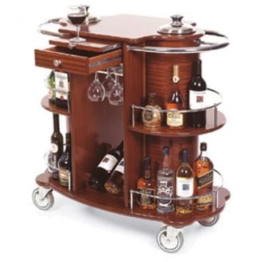 Lakeside 70260 Bordeaux Veneer 2-Shelf 19 5/8" Wide x 39 3/8" Long x 40 1/2" High Oval Shaped Top Wine / Liquor Storage And Display Cart With 2 Ice Buckets And Hanging Stemware Rack And 5" Casters