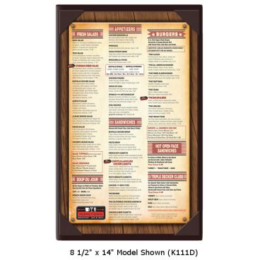 Menu Solutions K111BA_BROWN Kearny Series 4 1/4" x 11" Brown Single Panel / Double-Sided Menu Board With Ribbon Picture Corners