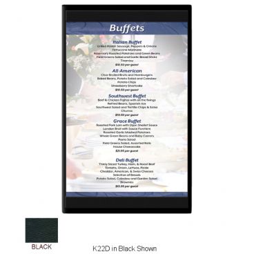 Menu Solutions K22A_BLACK Kent Series 5 1/2" x 8 1/2" Black Single Panel / Double-Sided Menu Board With Top And Bottom Strips