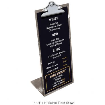 Menu Solutions MTCL-57_SWIRL 5" x 7" Insert Swirled Finish Aluminum Single Panel Alumitent Table Tent With Clip At Top