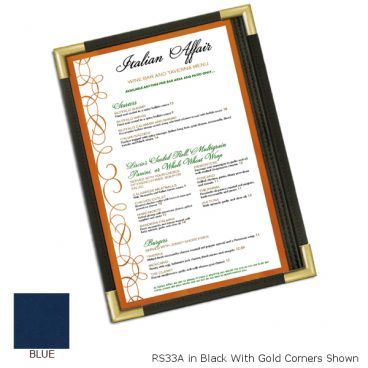Menu Solutions RS33C_BLUE-GOLD-CORNER Royal 8 1/2" x 11" Blue Single Panel / Two View Reinforced Vinyl Menu Board With Gold Corners
