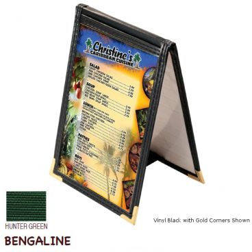 Menu Solutions SE134_BENGALINE-HUNTER-GOLD-CORNER Sewn Edge 4" x 6" Bengaline Hunter Green Single Panel Back To Back Table Tent Menu Cover / Wine List With Gold Corners