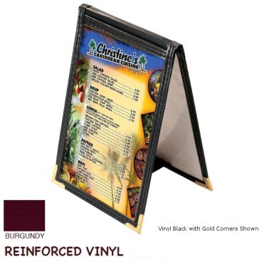 Menu Solutions SE134_VINYL-BURGUNDY-GOLD-CORNER Sewn Edge 4" x 6" Vinyl Burgundy Single Panel Back To Back Table Tent Menu Cover / Wine List With Gold Corners