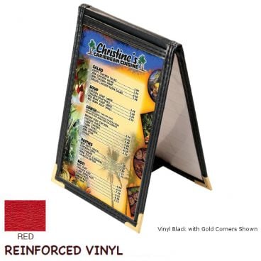 Menu Solutions SE134_VINYL-RED-GOLD-CORNER Sewn Edge 4" x 6" Vinyl Red Single Panel Back To Back Table Tent Menu Cover / Wine List With Gold Corners