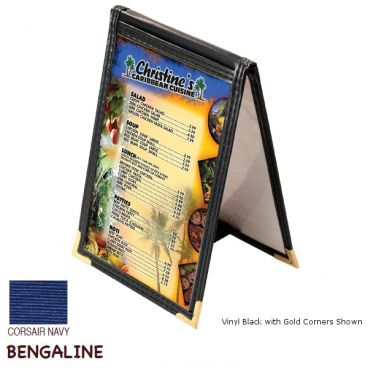 Menu Solutions SE135_BENGALINE-CORSAIR-GOLD-CORNER Sewn Edge 5" x 7" Bengaline Corsair Navy Single Panel Back To Back Table Tent Menu Cover / Wine List With Gold Corners