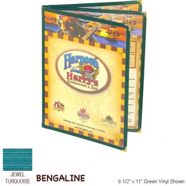 Menu Solutions SE340D_BENGALINEJEWEL Sewn Edge 8 1/2" x 14" Bengaline Jewel Turquoise Triple Panel Booklet / 6 View Menu Jacket With Gold Corners