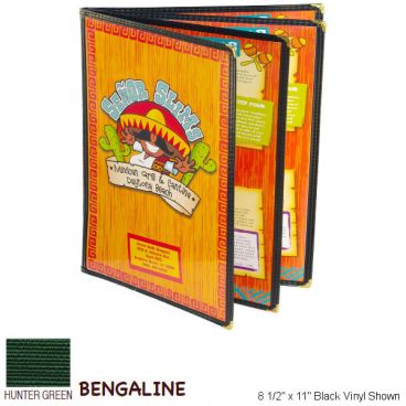 Menu Solutions SE350D_BENGALINE-HUNTER Sewn Edge 8 1/2" x 14" Bengaline Hunter Green Quad Pocket Booklet / 8 View Menu Jacket With Gold Corners