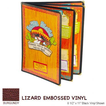Menu Solutions SE350D_LIZARD-BURGUNDY Sewn Edge 8 1/2" x 14" Lizard Embossed Vinyl Burgundy Quad Pocket Booklet / 8 View Menu Jacket With Gold Corners