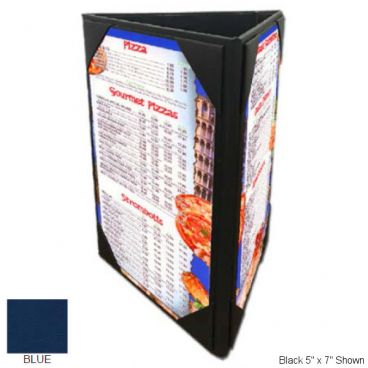 Menu Solutions TT31_BLUE 4 1/4" x 11" Insert Blue Triple Panel Table Tent With Picture Corners