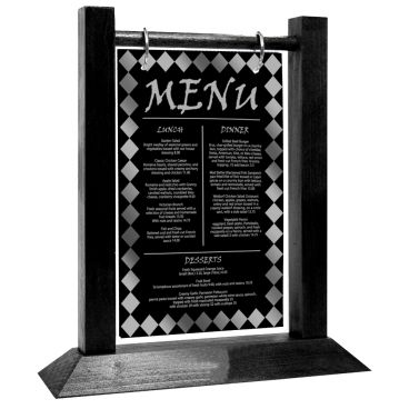 Menu Solutions WFT4S-A_BLACK Flip Top 4" x 6" Black Wood Table Tent With Nickel Rings And 4-Sided Angled Base