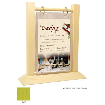 Menu Solutions WFT4S-A_LIME Flip Top 4" x 6" Lime Colored Wood Table Tent With Nickel Rings And 4-Sided Angled Base