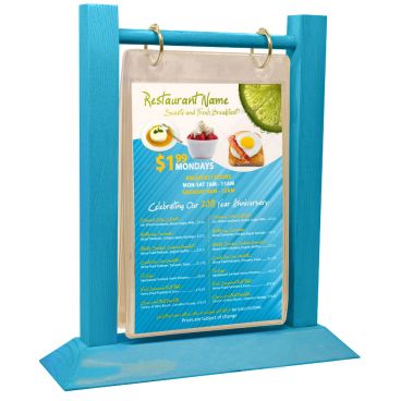 Menu Solutions WFT4S-A_SKY BLUE Flip Top 4" x 6" Sky Blue Colored Wood Table Tent With Nickel Rings And 4-Sided Angled Base