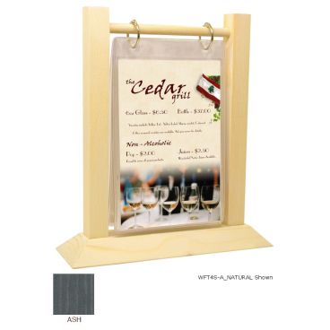 Menu Solutions WFT4S-B_ASH Flip Top 5" x 7" Ash Colored Wood Table Tent With Nickel Rings And 4-Sided Angled Base