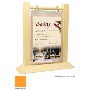 Menu Solutions WFT4S-B_MANDARIN Flip Top 5" x 7" Mandarin Colored Wood Table Tent With Nickel Rings And 4-Sided Angled Base