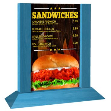 Menu Solutions WPF4S-A_SKY BLUE Picture Frame 4" x 6" Sky Blue Colored Wood Table Tent With 4-Sided Angled Base