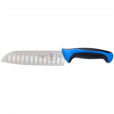 Mercer Culinary M22707BL Blue Handle Millennia Santoku Knife With 7" Long Granton Edge Stamped High-Carbon Japanese Stainless Steel Blade With Non-Slip Textured Handle And Protective Fingerguard