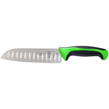 Mercer Culinary M22707GR Green Handle Millennia Santoku Knife With 7" Long Granton Edge Stamped High-Carbon Japanese Stainless Steel Blade With Non-Slip Textured Handle And Protective Fingerguard