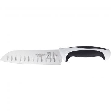 Mercer Culinary M22707WBH White Handle Millennia Santoku Knife With 7" Long Granton Edge Stamped High-Carbon Japanese Stainless Steel Blade With Non-Slip Textured Handle And Protective Fingerguard