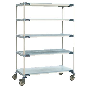 Metro 5X357EGX3 48" x 18" Antimicrobial Polymer MetroMax i 5 Tier Mobile Shelving Unit, 4 Open Grid And 1 Solid Shelf 