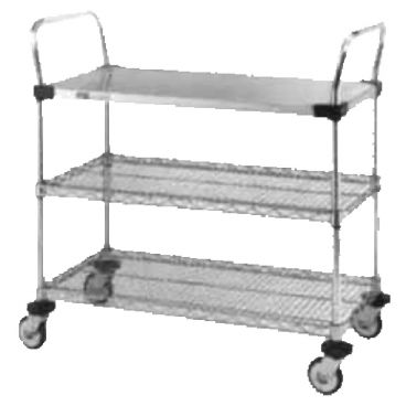 Metro MW402 30" x 18" Super Erecta Utility Cart, 1 Solid Stainless Steel And 2 Chrome Wire Shelves
