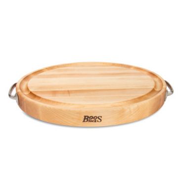 John Boos MPL-OV2015225 Maple 20" x 15" x 2.25" Oval Cutting Board with Stainless Steel Handles