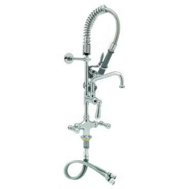 T&S Brass MPZ-2DCN-06 EasyInstall Single Hole Deck-Mounted Mini Pre-Rinse Faucet with 6" Swing Nozzle, 24" Flexible Hose, 6" Wall Bracket, and Club Handles - 1.15 GPM