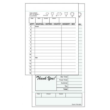 4.25" x 8.25" Green NCC Carbon GUESTCHECK with Menu Prompt and Guest Receipt - 2 Part, 16 Lines