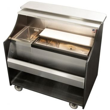 Perlick MOBS-42TS Tobin Ellis Series Stainless Steel And Black Laminated Wood 46 1/4" Wide Zero-Step Bartending Cockpit Mobile Bar With Insulated Bottle Well And 70 lb Capacity Ice Chest, 120 Volts