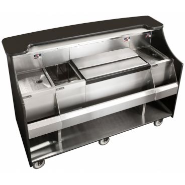 Perlick MOBS-66TS Tobin Ellis Series Stainless Steel And Black Laminated Wood 70" Wide Zero-Step Bartending Cockpit Mobile Bar With Insulated Bottle Well And 70 lb Capacity Ice Chest, 120 Volts