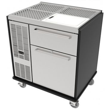 Perlick MOBS-BBS36C Tobin Ellis Signature Series 38 7/8" Wide 7.4 Cubic ft Capacity Mobile Bar Refrigerated Cabinet With 2 Drawers And Cutting Board And Drainboard Top With 3 Glassware Racks On 5" Casters, 120 Volts
