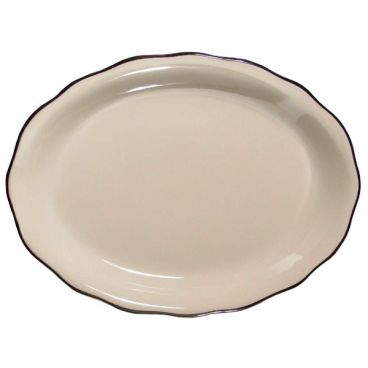 CAC China SC-13B Seville 11-5/8" American White Scallop Edge Ceramic Oval Platter With Black Band
