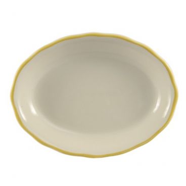CAC China SC-13G Seville 11-5/8" American White Scallop Edge Ceramic Oval Platter With Gold Band