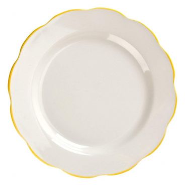 CAC China SC-16G Seville 10-3/4" American White Scallop Edge Ceramic Plate With Gold Band