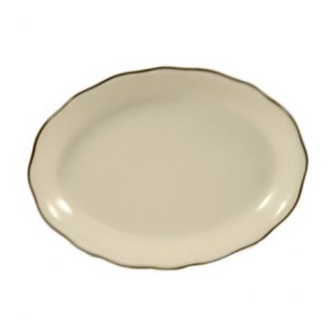 CAC China SC-40B Seville 7-1/2" American White Scallop Edge Ceramic Oval Platter With Black Band