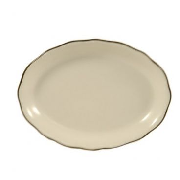 CAC China SC-51B Seville 15-1/2" American White Scallop Edge Ceramic Oval Platter With Black Band