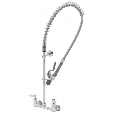 T&S Brass B-0133-CR-BJ Wall-Mount 8 Inch Centers EasyInstall Overhead Spring Pre-Rinse Unit With 44 Inch Hose And B-0107-J 1.07 GPM Spray Valve And Cerama Ceramic Cartridges And Color-Coded Lever Handles