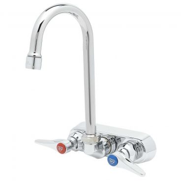 T&S Brass B-1146-02A Wall-Mount 4 Inch Center ADA Compliant Chrome Plated Brass Workboard Faucet With 179X-A22 4 3/8 Inch Swivel Gooseneck Nozzle And Color-Coded Lever Handles